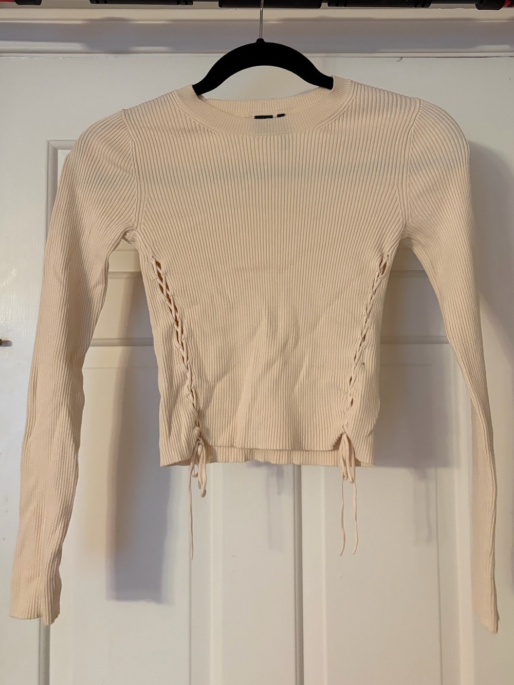 Simons Cream Ribbed Long-Sleeve Lace-Up Side Top
